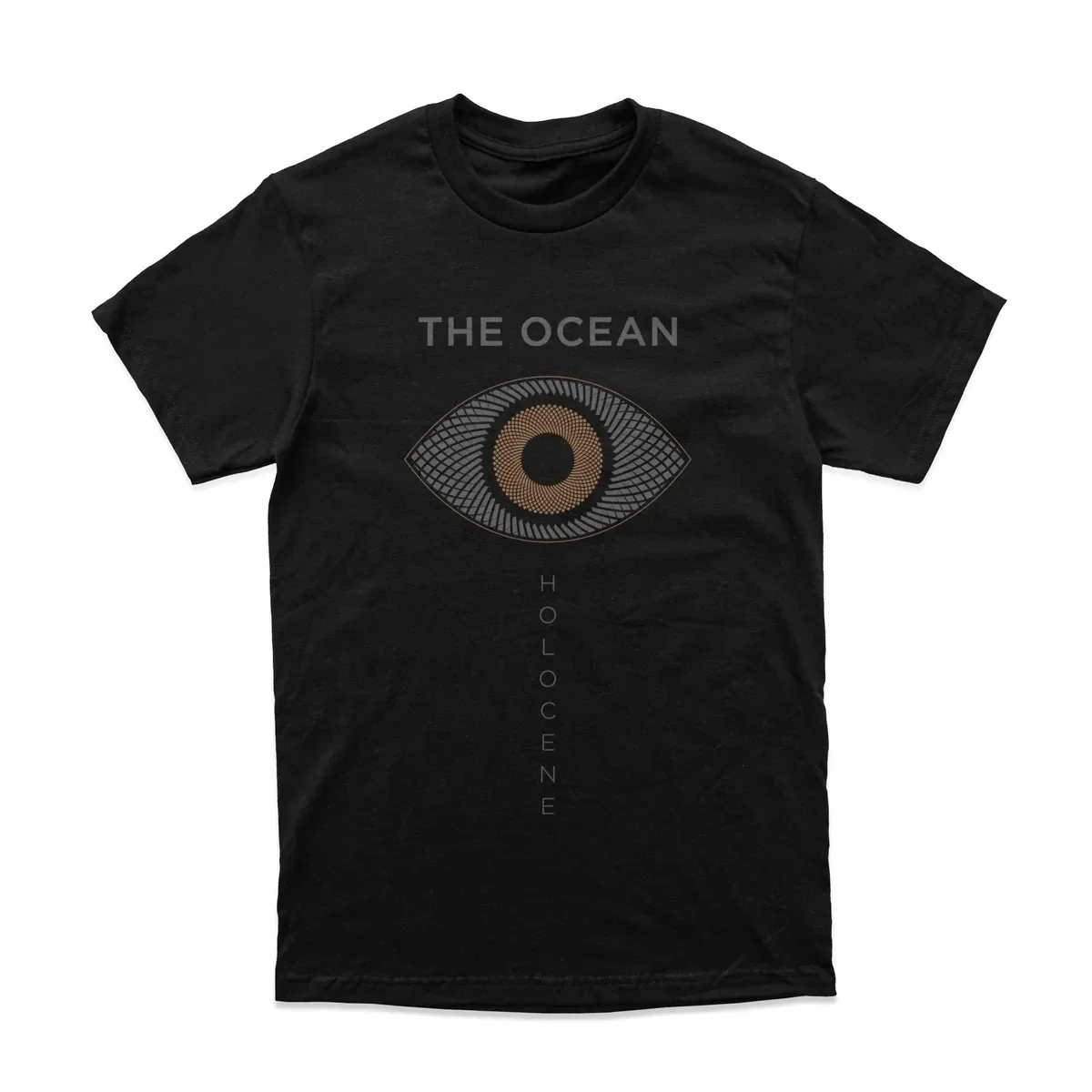 The Ocean Holocene Album Eye Graphic Print T Shirt, Geometric Dot All Seeing Eye with Band Name and Vertical Album Text