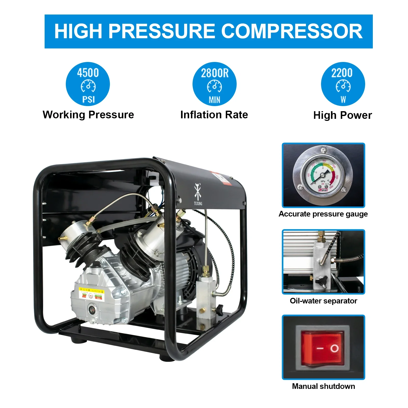 Imagem -04 - Tuxing-pcp Compressor de ar para Mergulho Autônomo Txed011 300bar 4500psi Alta Pressão 6.8l Inflator Tanque Pcp Rifle Airgun