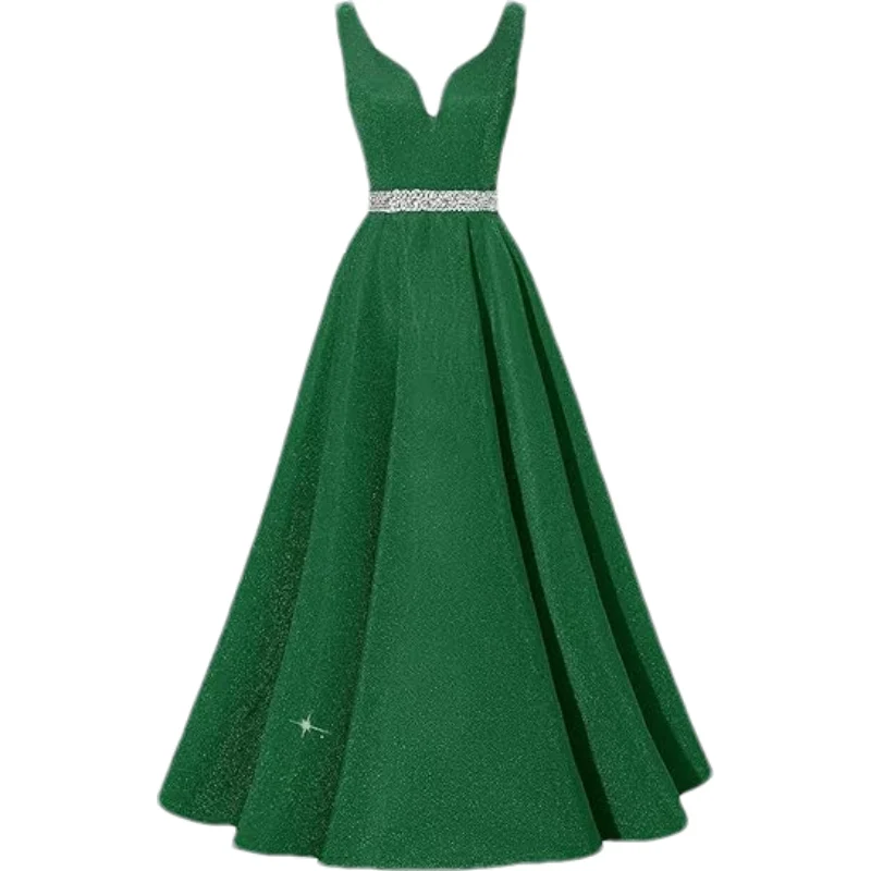 Customized Womens Glitter Satin Prom Dresses Long Corset V-Neck Beaded Belt Formal Evening Dress Party Gowns with Pockets