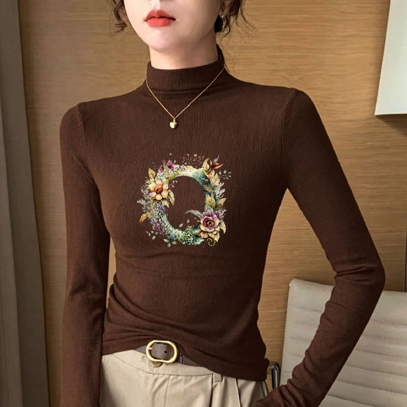 2026 New Autumn Winter Thermal Brushed Fleece Long Sleeve Graphic Print T shirt Blouses Female Warm Shirt Women Top