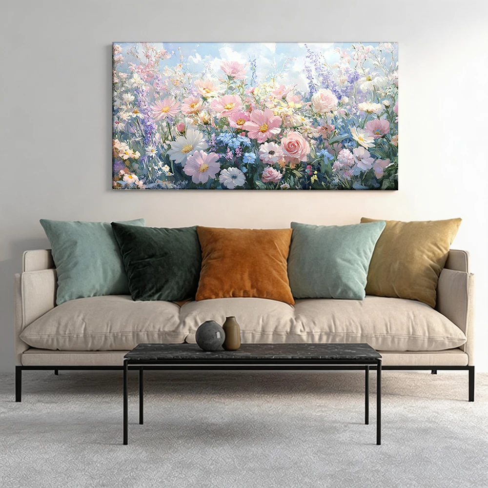 Cuadro de lienzo con marco de madera maciza de gran tamaño, 1 pieza, hermoso campo de flores coloridas.