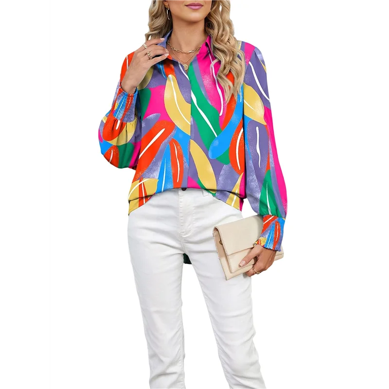 ABRT-Damskie Luźne Bluzki z Dekoltem w Serek i Nadrukiem z Bufiastymi Rękawami w Stylu Boho na Rok 2025