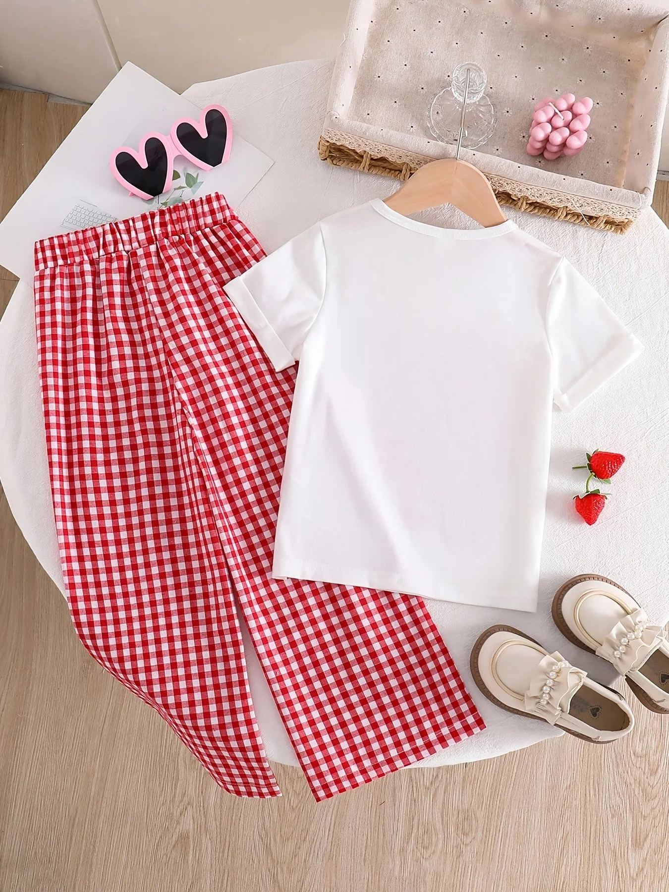 Breathable Kids Girls Two Piece Co-ord Set, Soft Cartoon Strawberry Printed Short Sleeve Top & Elastic Red Check Pants for Schoo