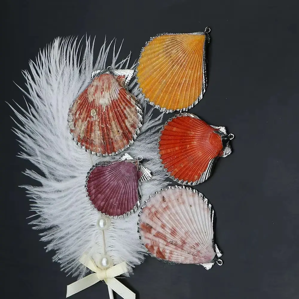 

5 Pcs Natural Seawater Shell Pendants Colorful Scallop Shell With Silver-edged Wrapping Design Charms Beach Necklace Accessory