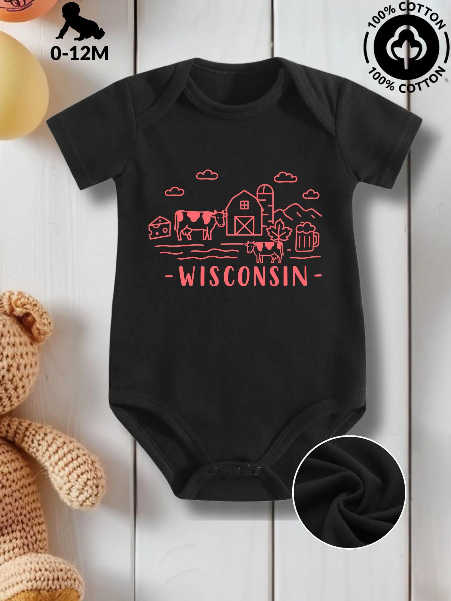 

Wisconsin State Line Art Unisex Baby Crawling Suit, Pure Cotton Skin Care Onesie, All-Season Wear Black Bodysuit 190GSM