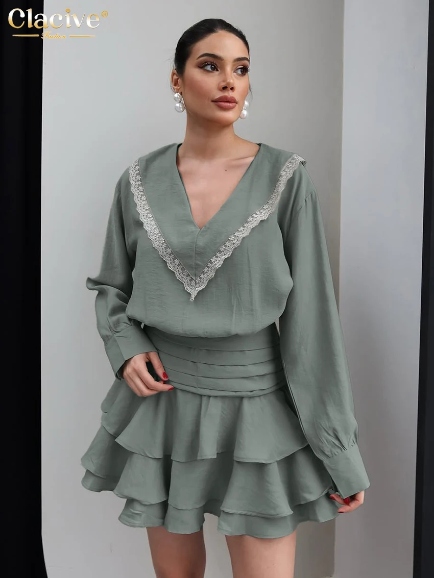 

Clacive Fashion Loose Green Women's Dress 2026 Autumn V-Neck Long Sleeve Mini Dresses Elegant High Waist Pleated Female Dress