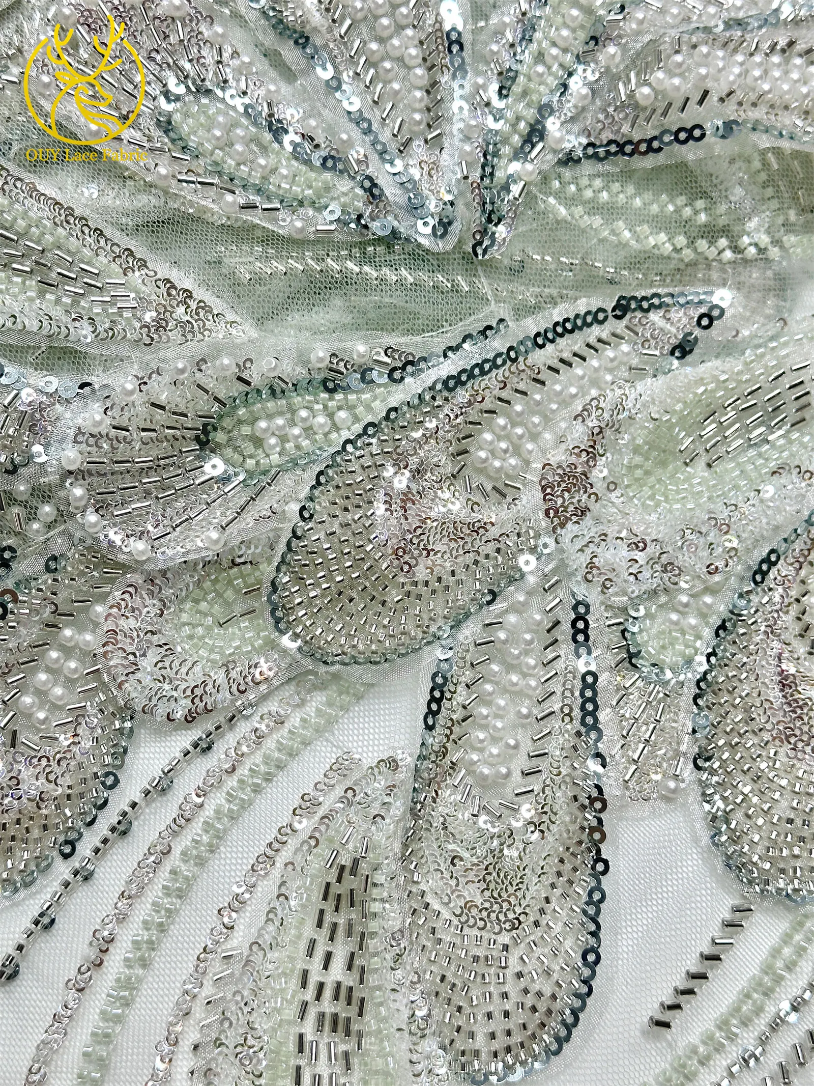 3D Luxus Afrikanischer bestickter Perlen-Mesh-Spitzenstoff, 5 Yards, französischer Tüll-Pailletten-Spitzenstoff für nigerianische Hochzeitskleider zum Nähen – Detail 17