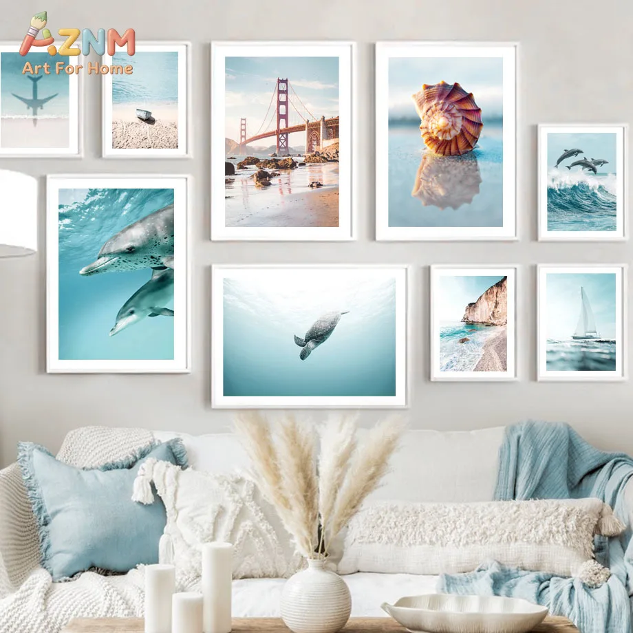 AZNM Unframed Canvas Print Coastal Ocean Wall Art Dolphin Seashell Beach Scenery Home Decor Poster