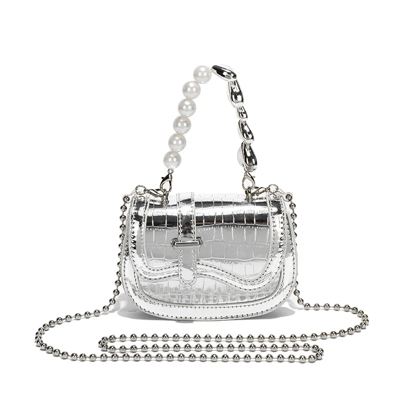 Pearl Chain Children Messenger Bags Crossarm Fashion Silver Handheld Girl Purse and Handbags Shoulder Bags Mother Kids Bag Sac view 5
