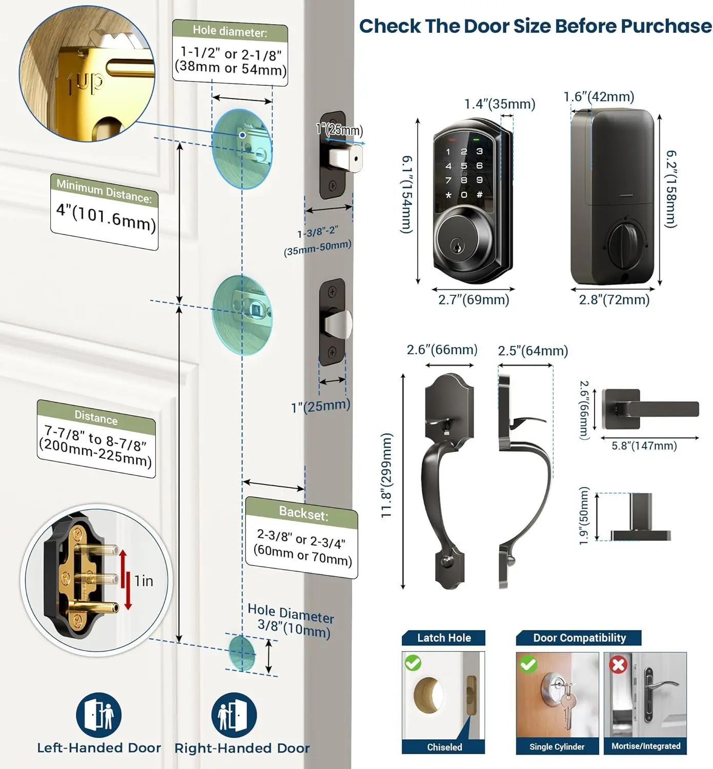 مجموعة قفل الباب الأمامي الذكي Veise VE06-H، التحكم في التطبيق، مسمار ديدبولت للدخول بدون مفتاح مع مقبض رافعة، شاشة لمس رقمية إلكترونية Ke #6