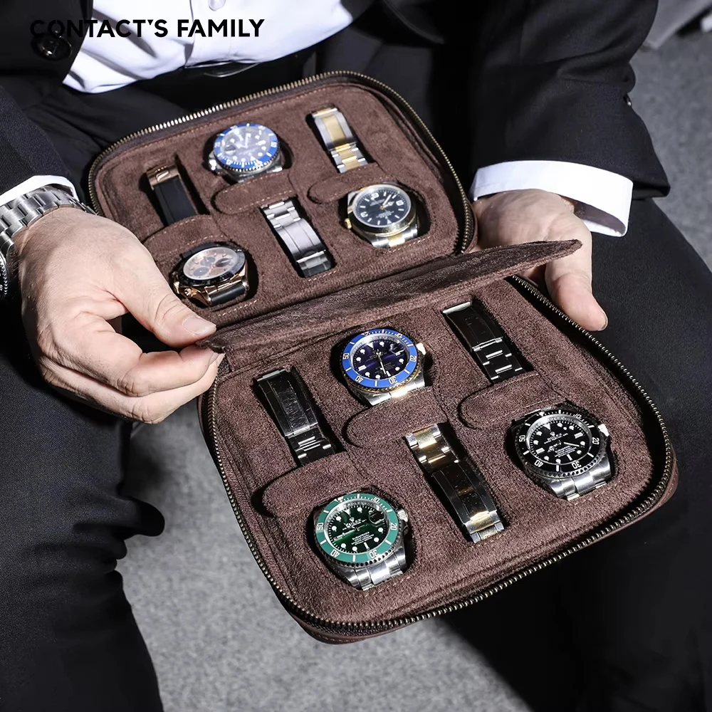 2/4/6 Slots Watch Storage Box Carry Case Watches Display Organizer Watch Box Holder Display Genuine Leather Zipper Watches Case
