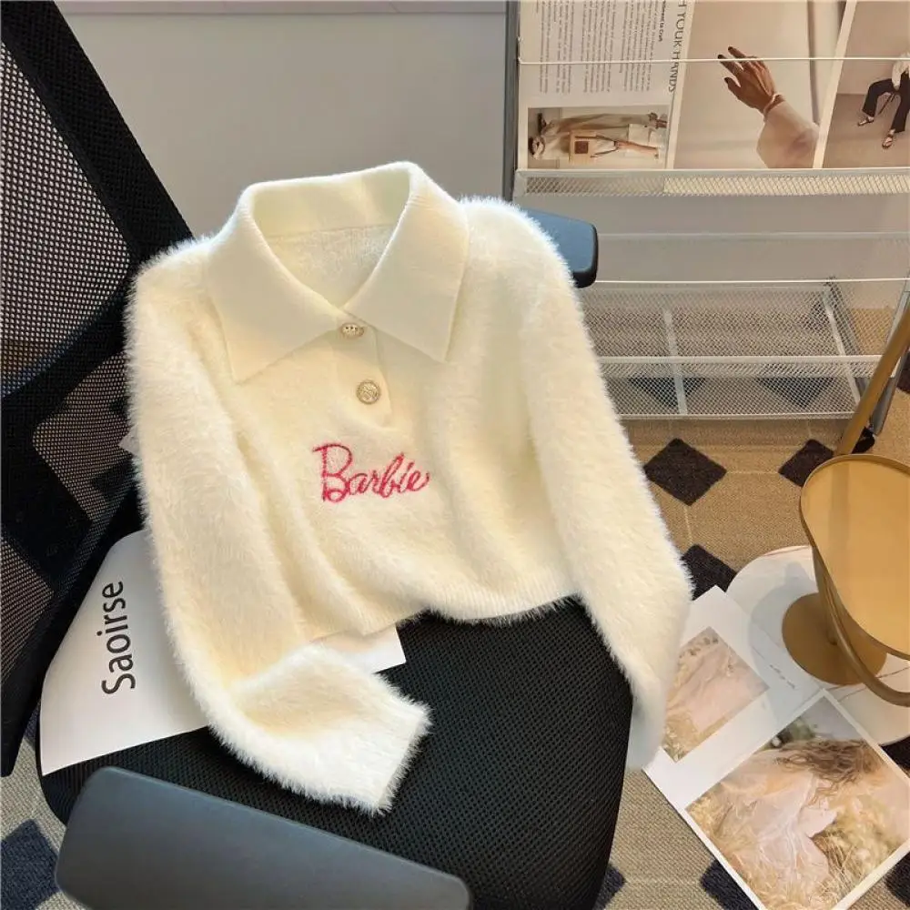 Cute Girls Barbie Knitting Sweater Kawaii Polo Collar Short Style Gentle Soft Knitted Tops Spring Student Sweater Tops Fashion