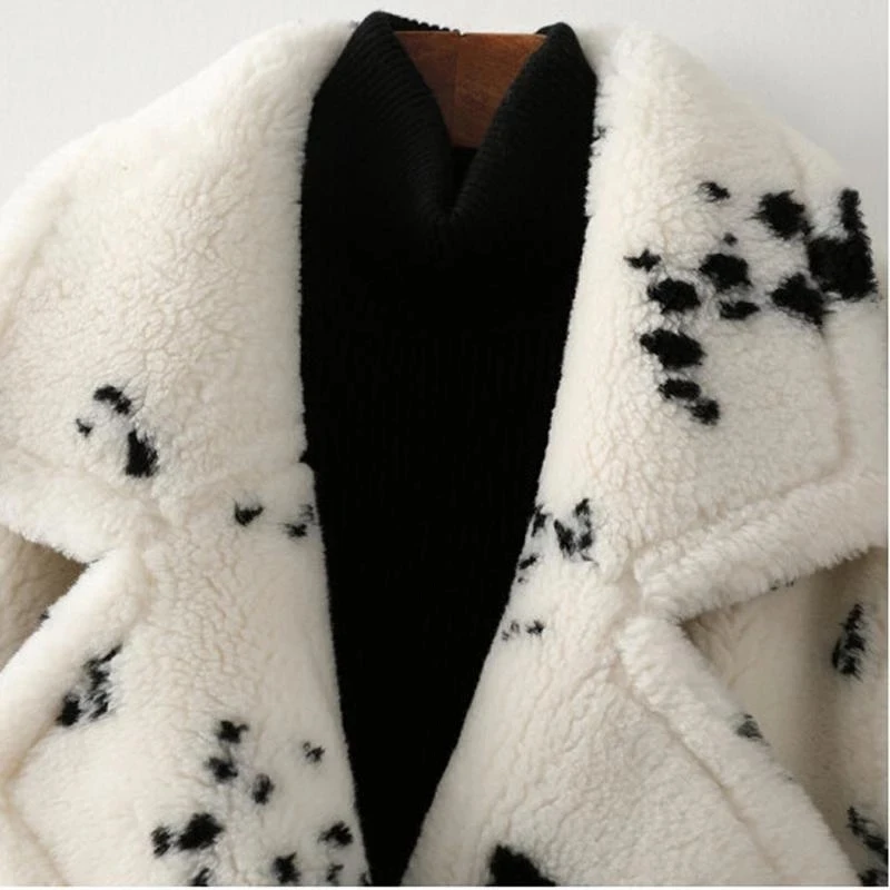 Women Fur Faux Winter Warm Wool Imitation Coat Sheep Cut Loose Long Print Fashion Casual Windbreaker Fur Coat Women