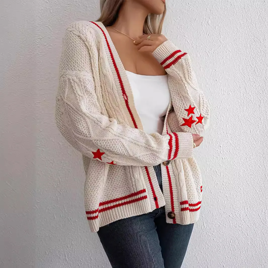 Knitted Cardigan Sweater Women's New Product Japanese Lazy Style Embroidered Star Loose Knit Cardigan Jacket