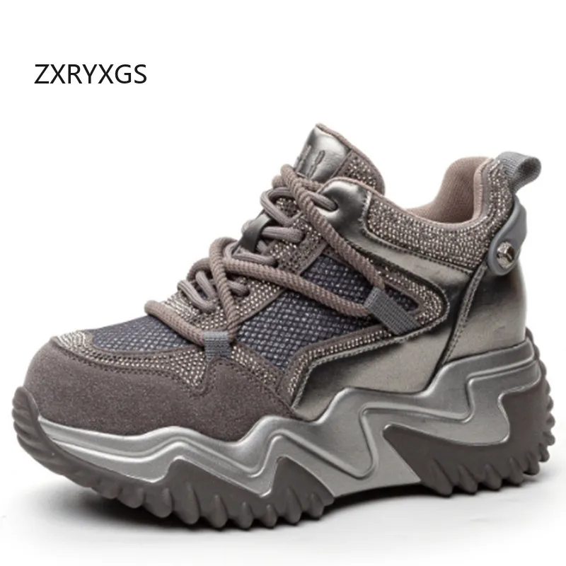 ZXRYXGS 2024 Cowhide Mesh Splicing Spell Color Rhinestone Shoes Fashion Sneaker Platform Increase Shoes Women Breathable Sneaker