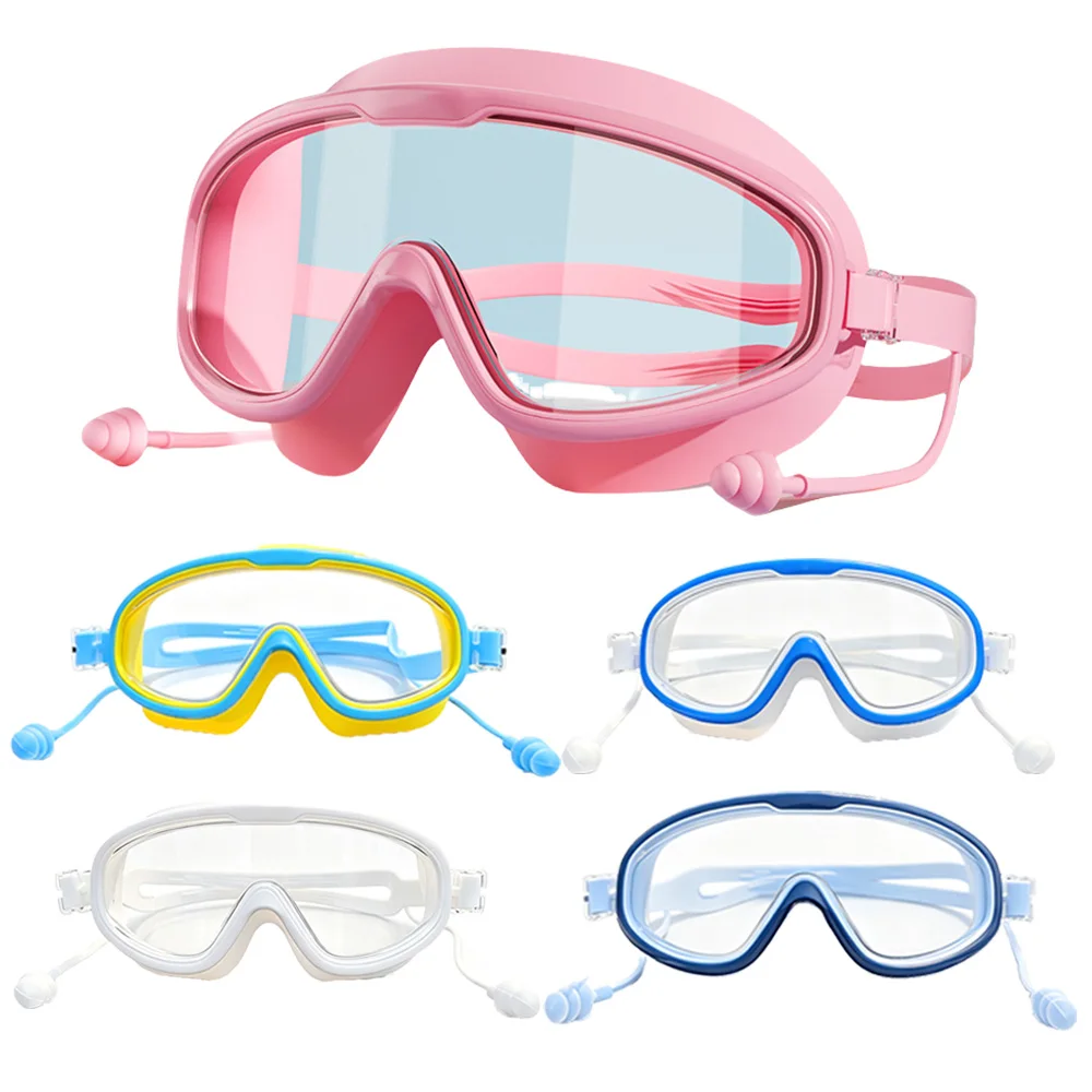 Unisex Large Frame Swim Goggles Built‑in Silicone Earplugs Leakproof for Adults & Kids Pool Beach Snorkeling Island Vacation
