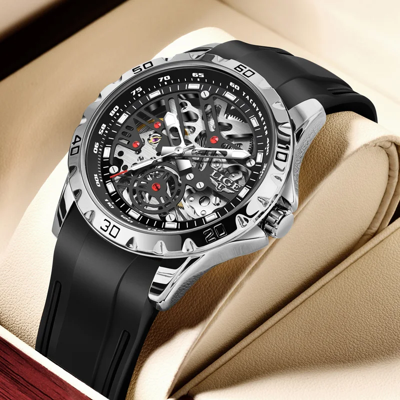LIGE Роскошные мужские часы автоматические механические наручные часы скелетон дизайн водостойкий силиконовый ремешок мужские часы Reloj Hombre + коробка
