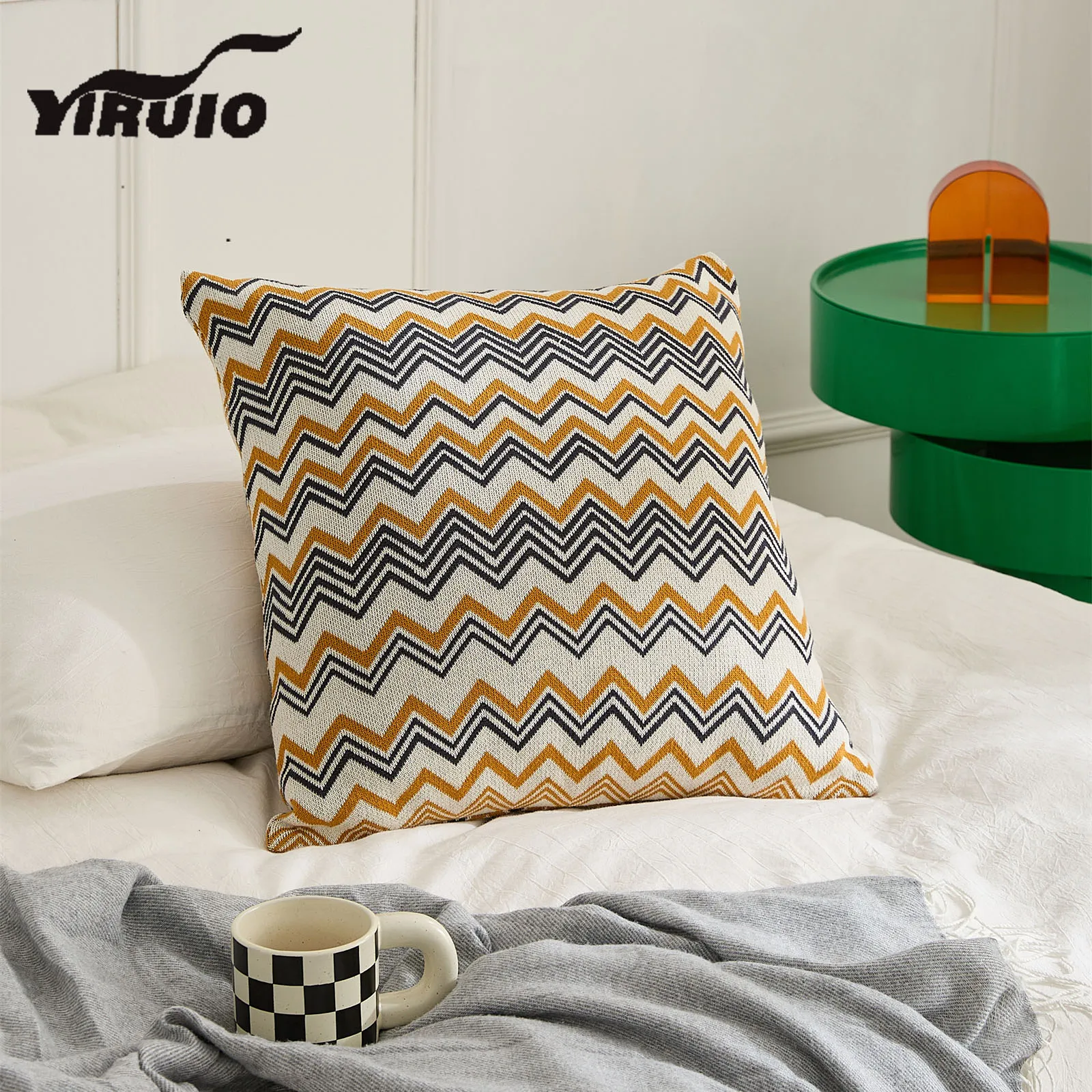 YIRUIO Elegnat Wave Stripe Knitted Pillow Case Soft Breathable Cotton Zipper Cushion Cover 45*45cm Home Decor Sofa Pillow Cover