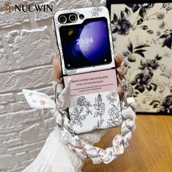 Flower Leather Lanyard Phone Case For Galaxy Z Flip 3 4 5 6 ZFlip 6 Flip 5 ZFlip4 Ultra Thin Silk Scarf Wristband Cover Z Flip 6