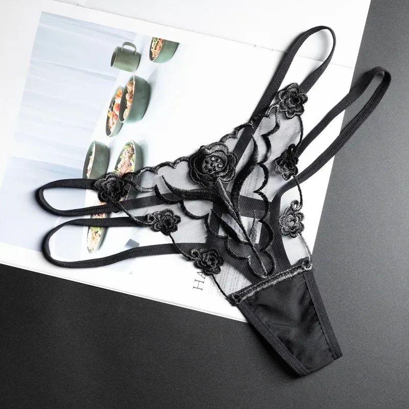 

Sexy Hollow Out Perspective Women Underwear Lace Panties Embroidered G-string T Pants Low Rise Fashionable Female Thongs