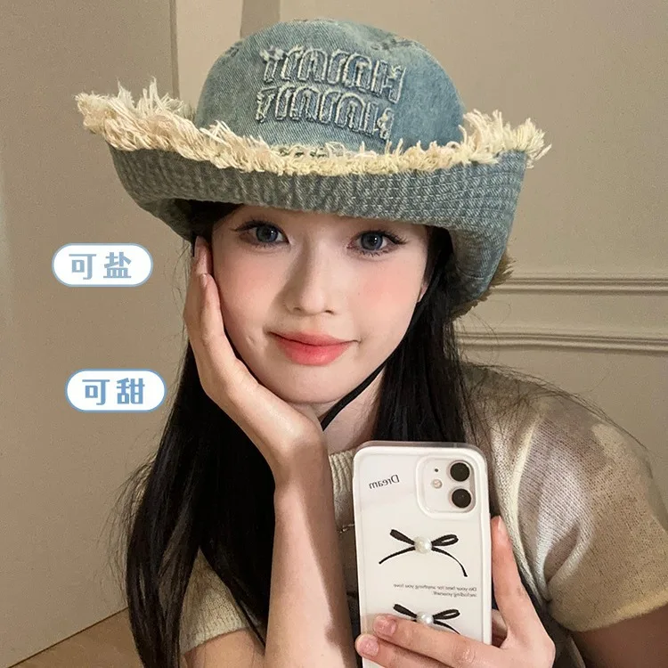 Vintage Washed  Denim Bucket Hat Women Cowboy Style Letter Breathable Cotton Summer Sun Visors Cap  Floppy Brim Panama Cap Women