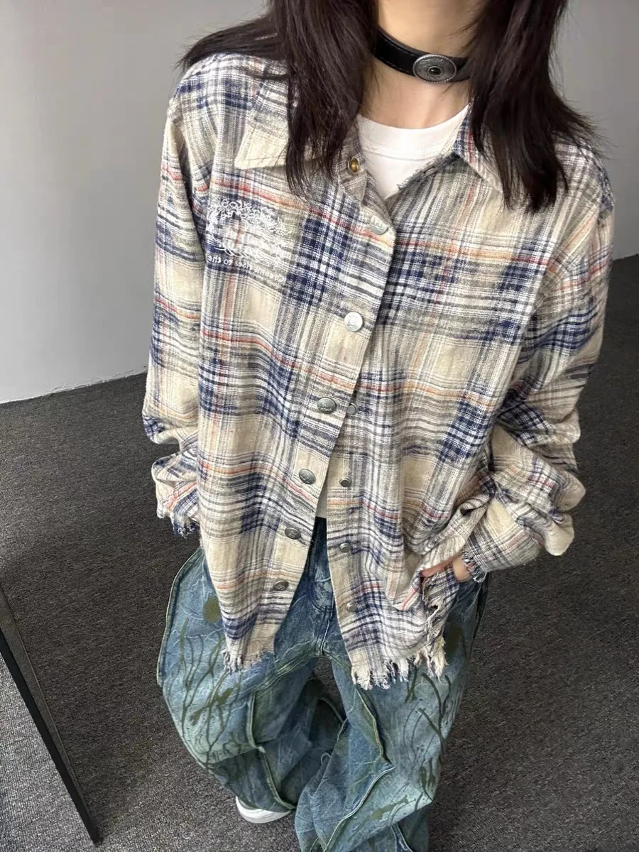 

Retro American Destroyed Plaid irt Loose Casual Slimming Lazy Sle Coat for Men And Women Spring Autumn Wearable
