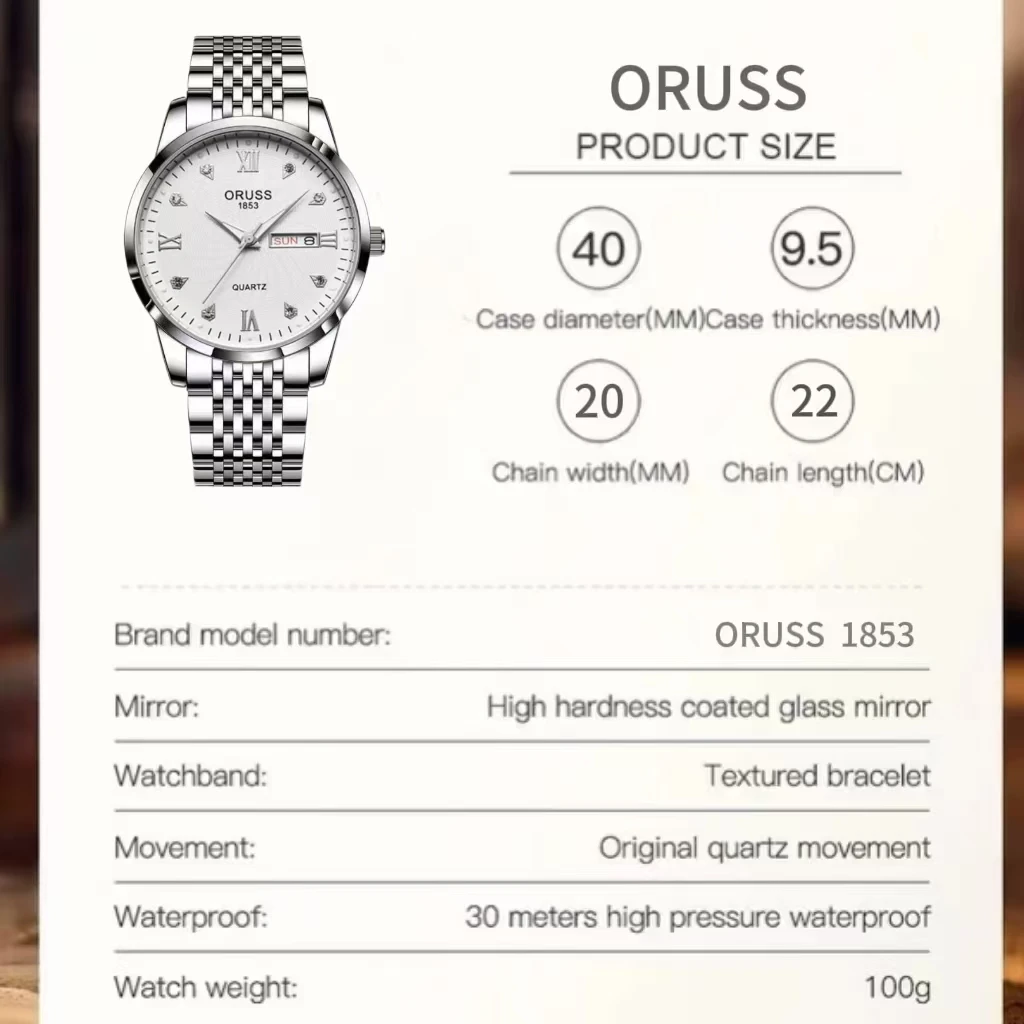 ORUSS оригинальные мужские часы из нержавеющей стали с двойным календарем, водонепроницаемые светящиеся роскошные часы, модные кварцевые мужские наручные часы, Новое поступление
