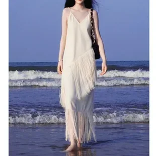 

Summer Temperament French Casual Fashion Lazy Wind Loose Sling Dress Women Retro Long Skirt Holiday Seaside Beach Dress