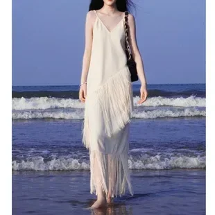 Summer Temperament French Casual Fashion Lazy Wind Loose Sling Dress Women Retro Long Skirt Holiday Seaside Beach Dress