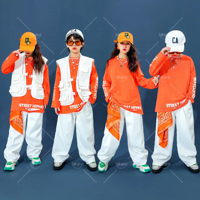 Ropa de baile callejero para niños, chaleco blanco y naranja, sudadera con pantalones, traje de actuación de Jazz de tambor, traje de escenario