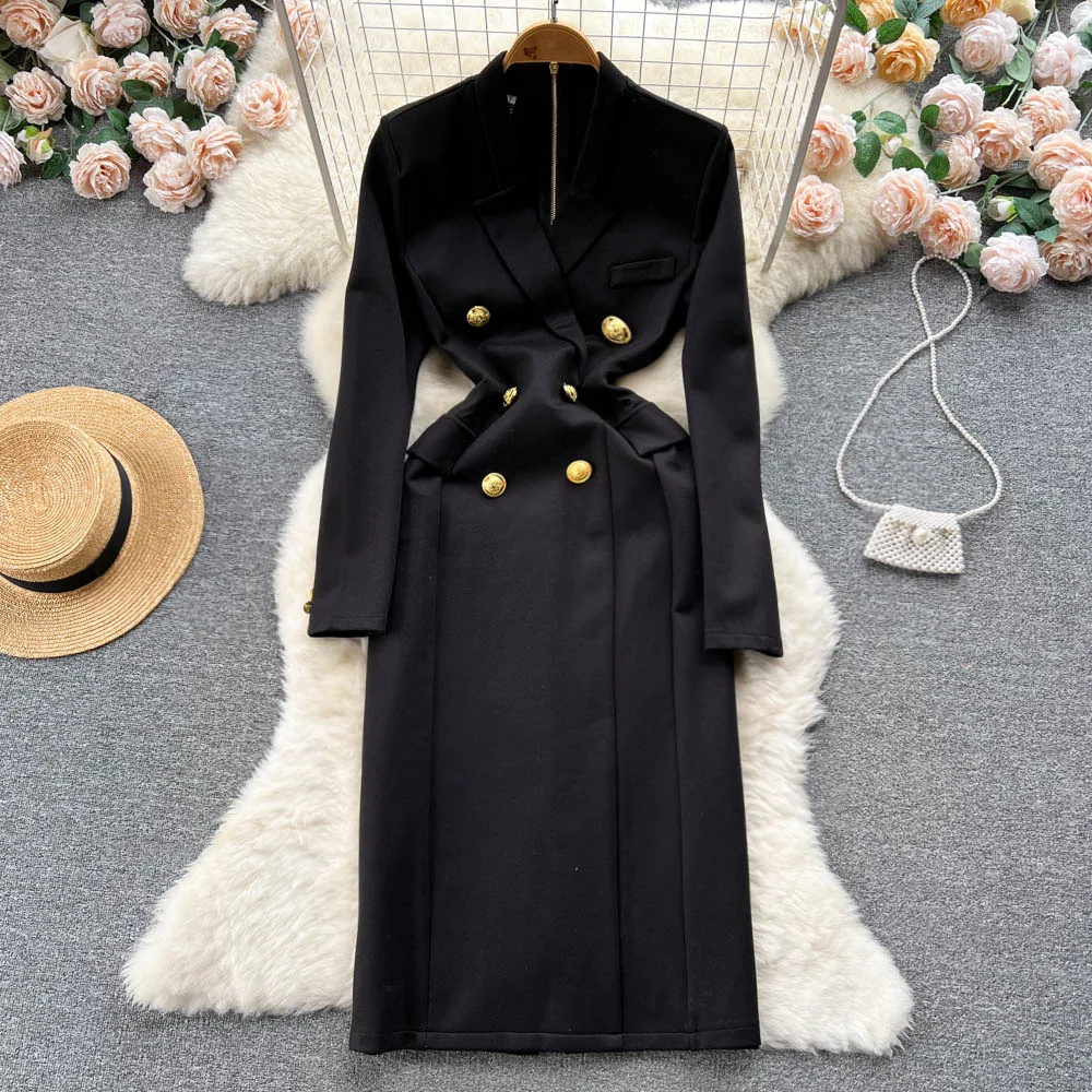 Chic Autumn Winter Hepburn Black Long Sleeved Dress Metal Double Breasted Suit Collar Dress Mid Length Hip Hugging Dress