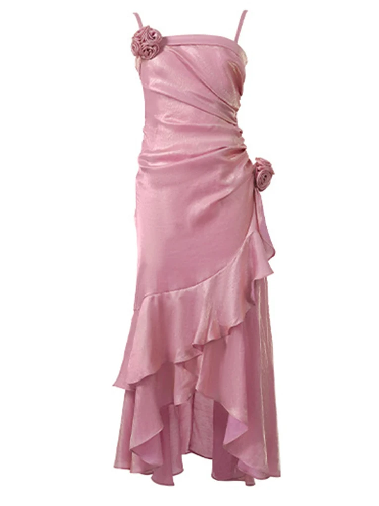 Férias doce sexy vestido de festa feminino elegante chique cinta flores brilhantes babados irregular fishtail robe femme baile clube vestidos