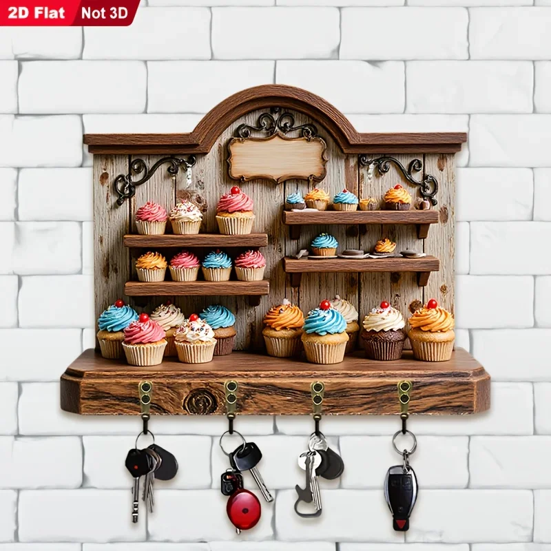 2D Flat, 1pc, Cupcake Theme Key Hook, Wooden Multifunctional Home Key Rack, with Four Metal Hooks, Wall Decoration, Porch