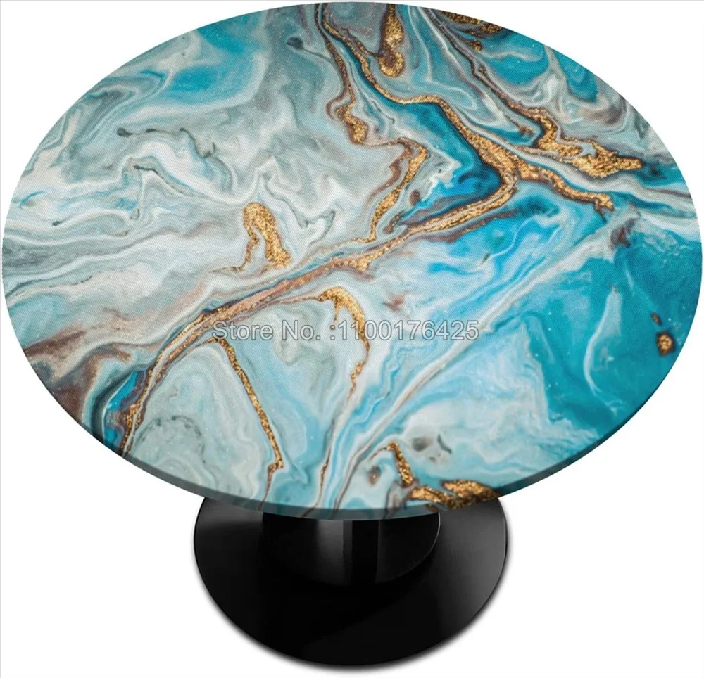 White Gold Marble Round Tablecloth with Elastic Edge Polyester Waterproof Fitted Table Covers for Indoor Party Kitchen Decor