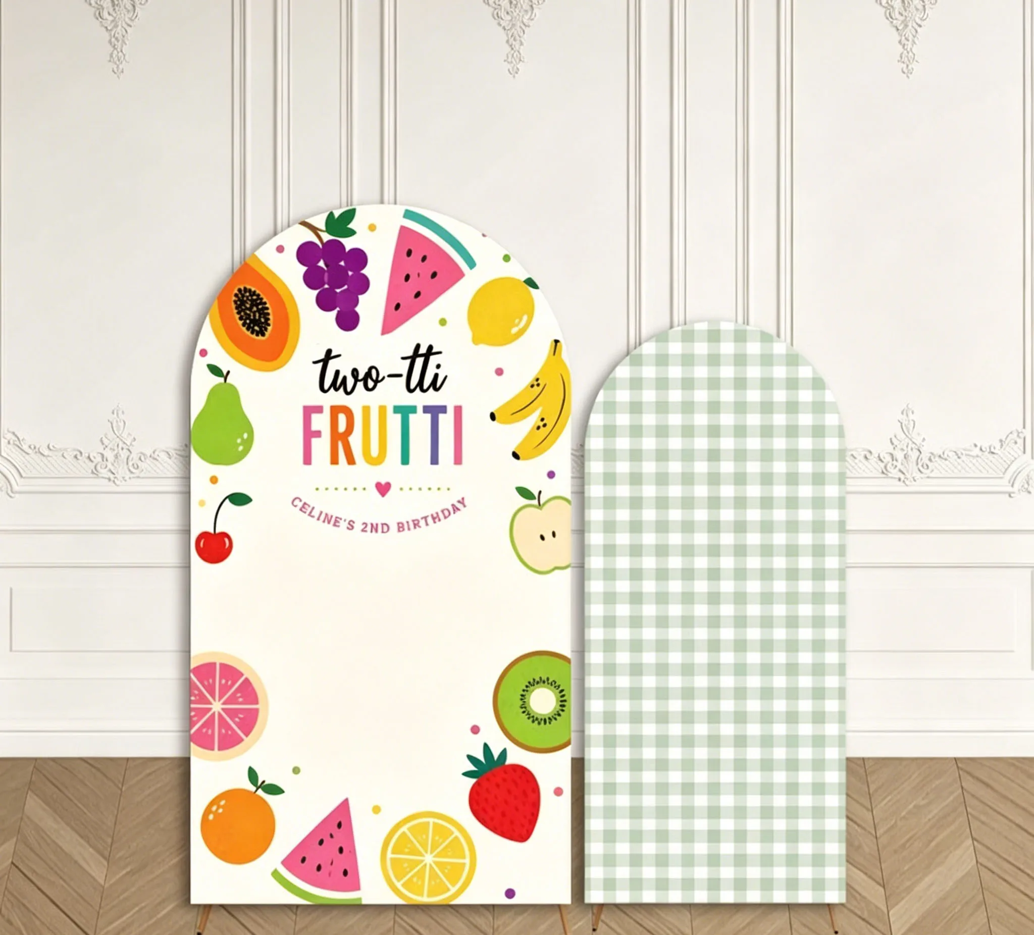 Custom 2-Side Two-tti Frutti Baby Shower Arch Backdrop Covers Various Fruits Green Stripe Birthday Party  Photography Background