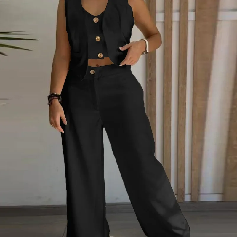 

Майка без рукавов с металлическими пуговицами и V-образным вырезом, повседневные однотонные свободные брюки, женский летний комплект одежды из 2 предметов