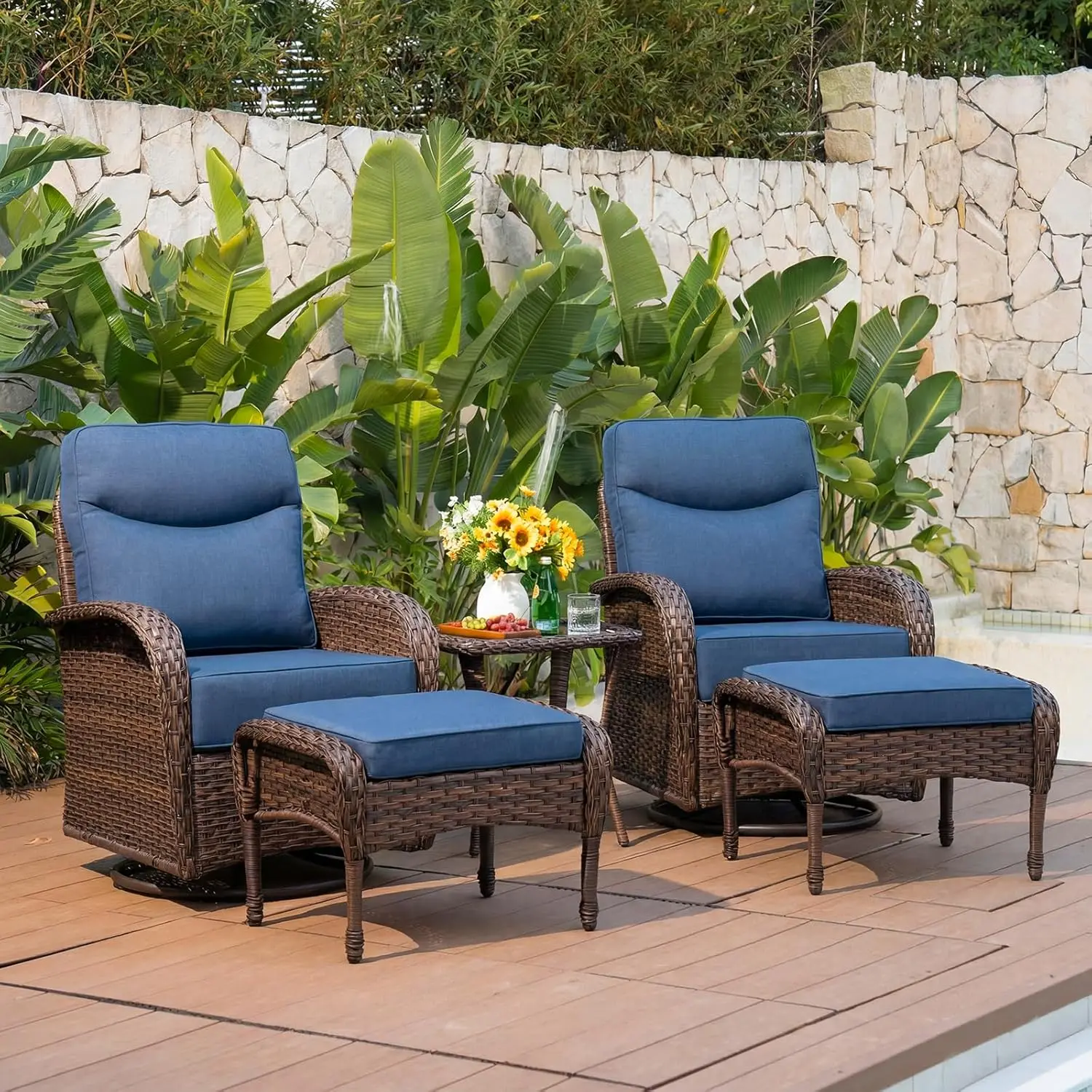 

Комплект садовой мебели из ротанга на 6 мест: 5 предметов, включая вращающиеся кресла-качалки, пуф и кресла с высокой спинкой, для террасы/веранды, на заказ