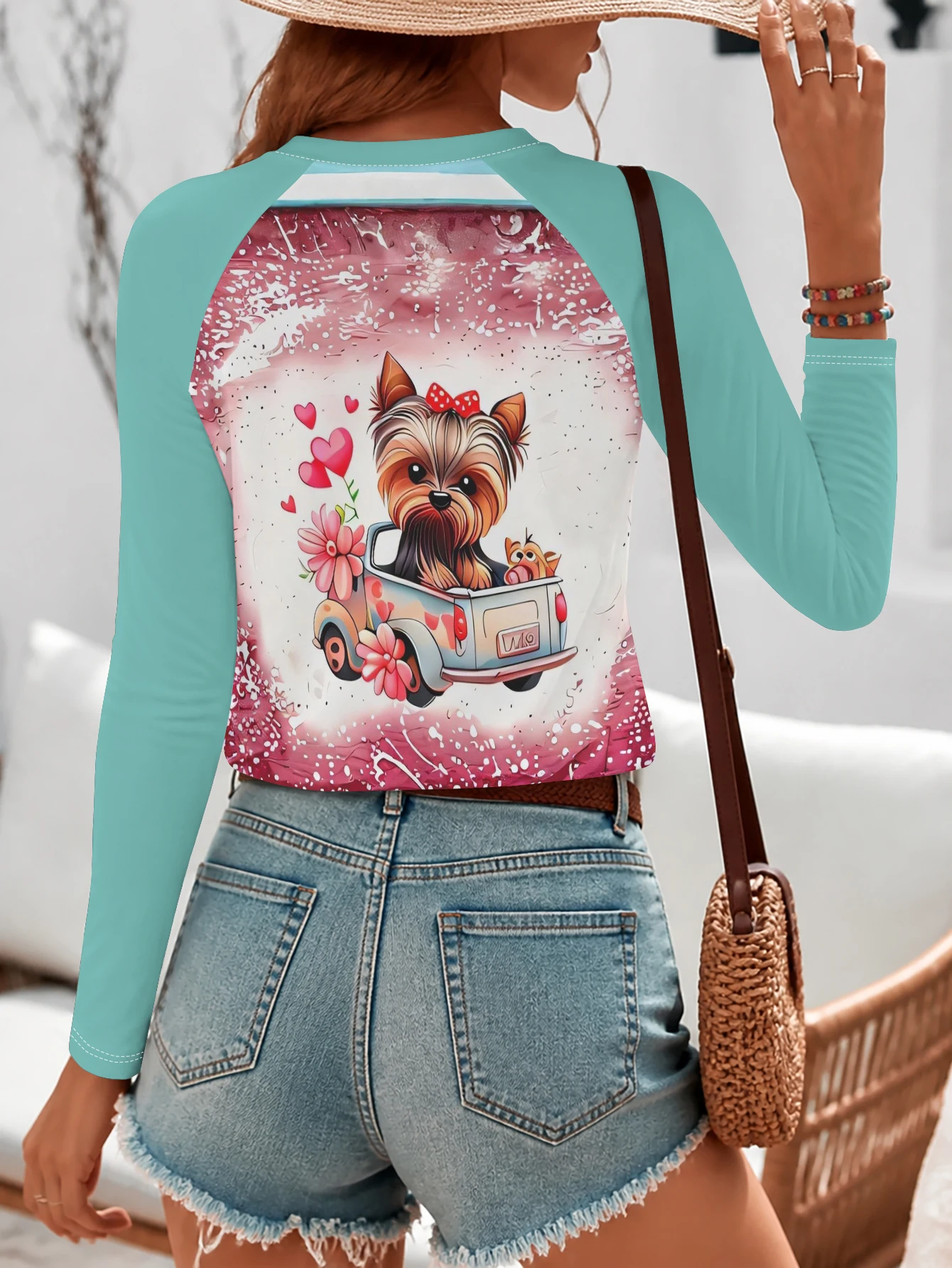 Women T‑shirt Cute Dog Heart Flower Truck Print Raglan Long Sleeve Autumn Winter Casual Tee Top Women's Clothes