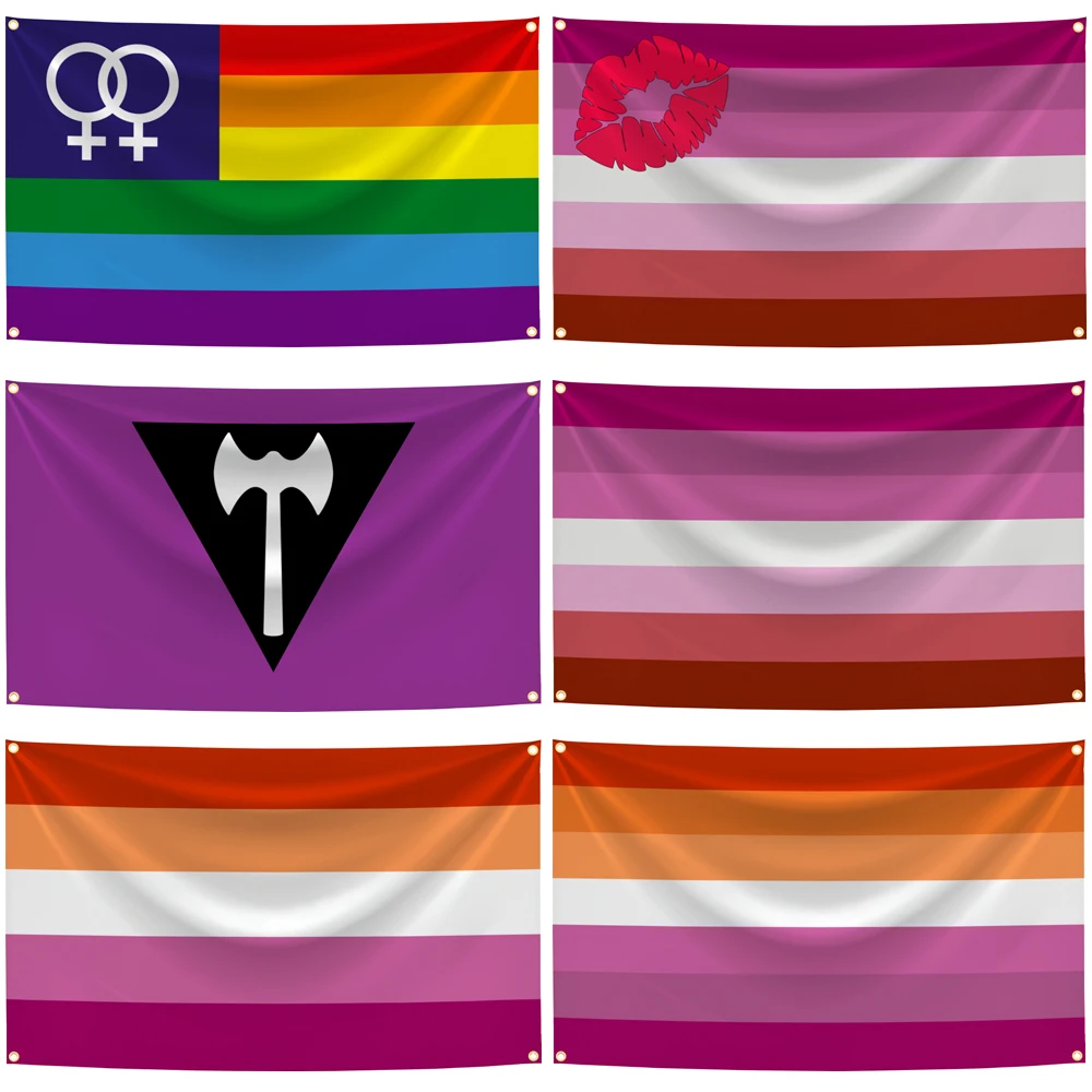 3x5 Ft Lesbian Flag Vivid Color and Fade proof Large Labrys Lipstick Pink Orange Flags Polyester with Brass Grommets