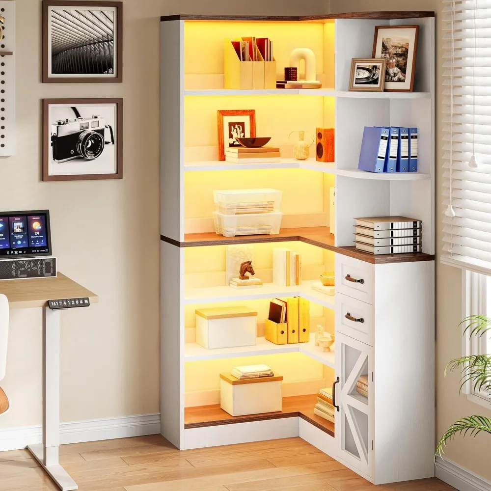 رف كتب زاوية مع مساحة تخزين، رف كتب من 6 طبقات للمزرعة مع أدراج وخزائن، خزانة كتب على شكل حرف L وأضواء LED وشاشة زاوية #2