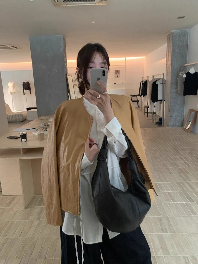 

Chic Retro round Ne Loose Casual PU Leather Biker Jaet Open Cardigan Outerwear for Women ort Sle Long Sve