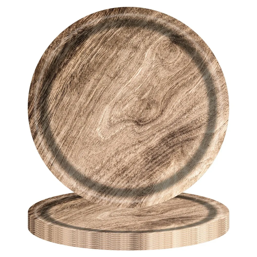 10pcs 7/9 Inch Imitation Wood Grain Disposable Plate Round Vintage Disposable Dish Realistic Paper Food Tray