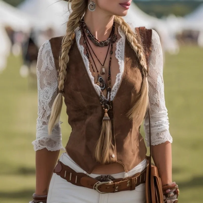 Design Sense Lace Splicing Fake Two-piece Top High Appearance Level Retro Western Style Vest Women's Spring and Autumn New Top
