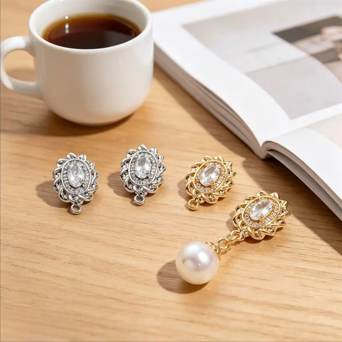 Threaded Border Oval Zircon Stud With Hanging Loop Brass Gold Plated For DIY Handmade Dangle Earring Findings