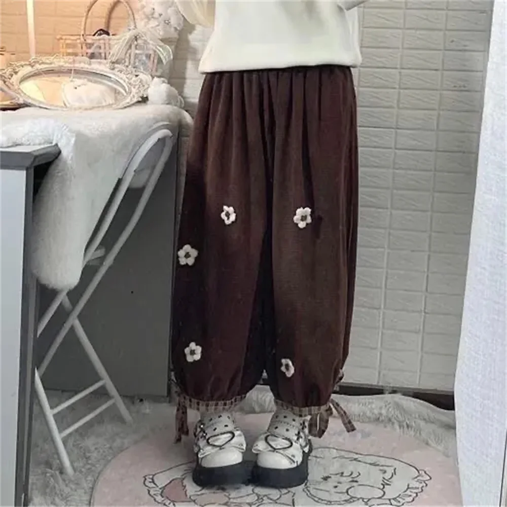 

Women Vintage Cute Loose Trousers Girls Harajuku Sweatpants Japanese Sweet Flower Corduroy Wide Leg Casual Pants Kawaii Bloomers