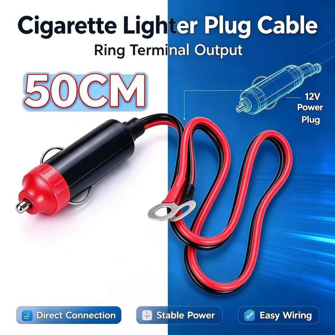 50CM 12V To 220V  Wire Cigarette Lighter Plug Cable Adapter Cord Plug Power Inverter Portable Power Supply Car Accessories