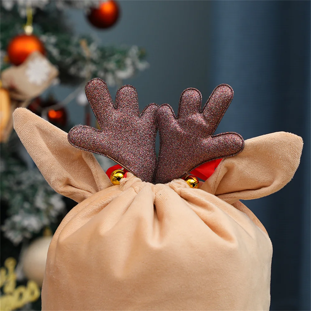 Elk Antler Christmas Gift Bag Red Ribbon Drawstring Bag For Present Soft Minky Xmas Candy Party Decoration