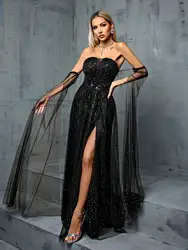 Mgiacy One-line shoulder mesh deep V chest pleats waist sequins with split A skirt Evening gown ball dress Party dress