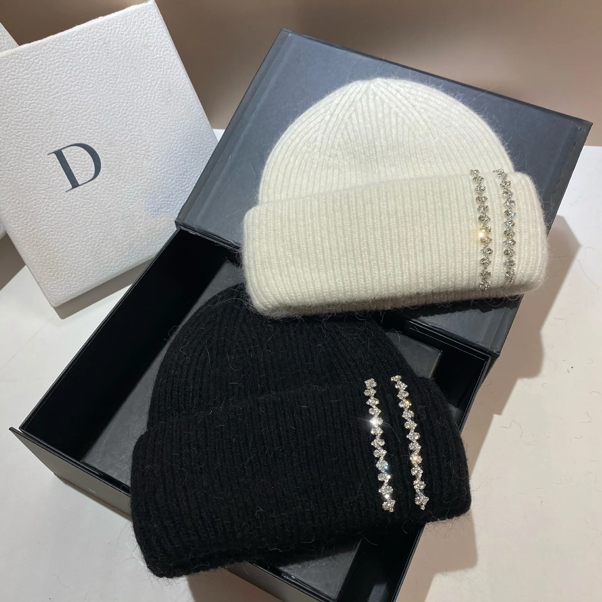 Long Rabbit Hair Double Fold Knitted Hat Fashionable Socialite Feng Shui Diamond Hat Winter Outdoor Warm Hat