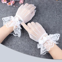 Guantes cortos de encaje para mujer, manoplas de dedo completo con lazo, malla de rejilla transparente, color blanco, accesorios de fiesta para novia y vestido de novia